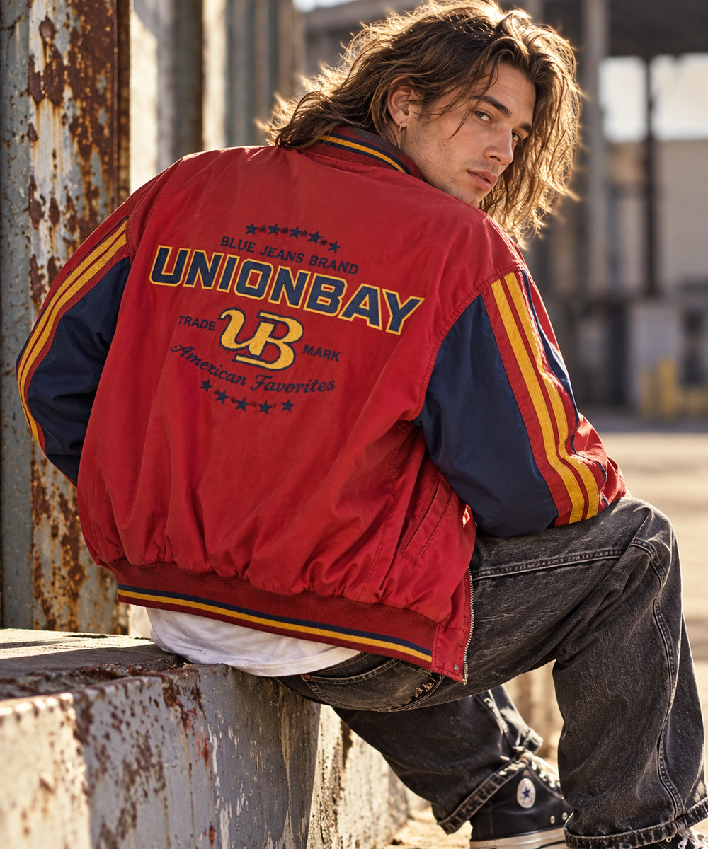 Vtg 90s Unionbay Sz M Colorblock Bomber Jacket Spellout Racing Stripe Streetwear